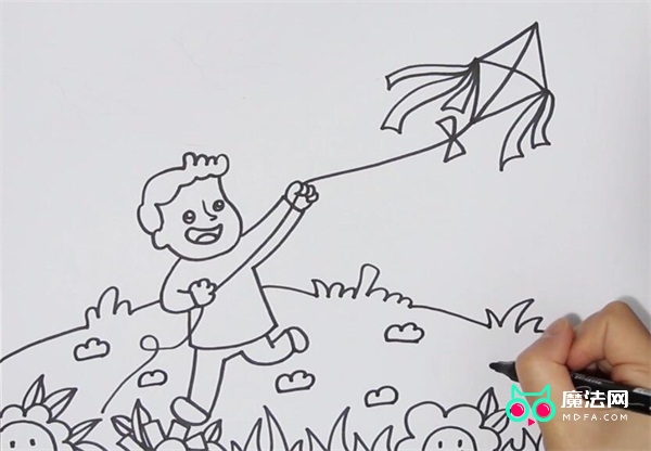 1,首先画出小男孩的头部和身体,手上拿着风筝线,正在奔跑,然后画出