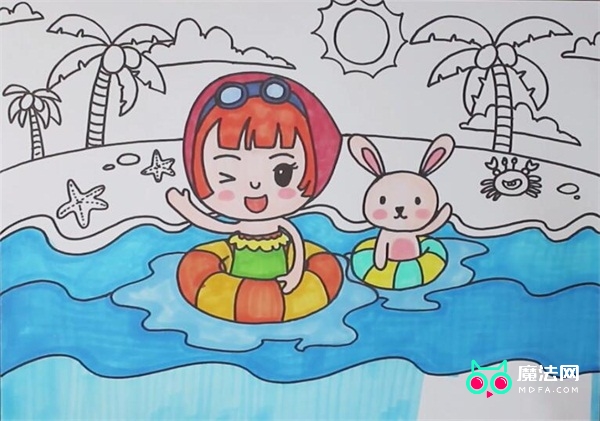 腰上围着一个游泳圈,在旁边画一个抱着游泳圈的兔子,然后画上水面和